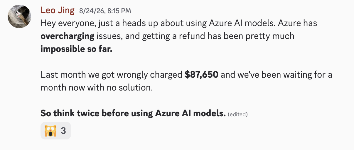 Developer Leo Jing reporting an unresolved $87,650 wrongful Azure AI charge on Discord